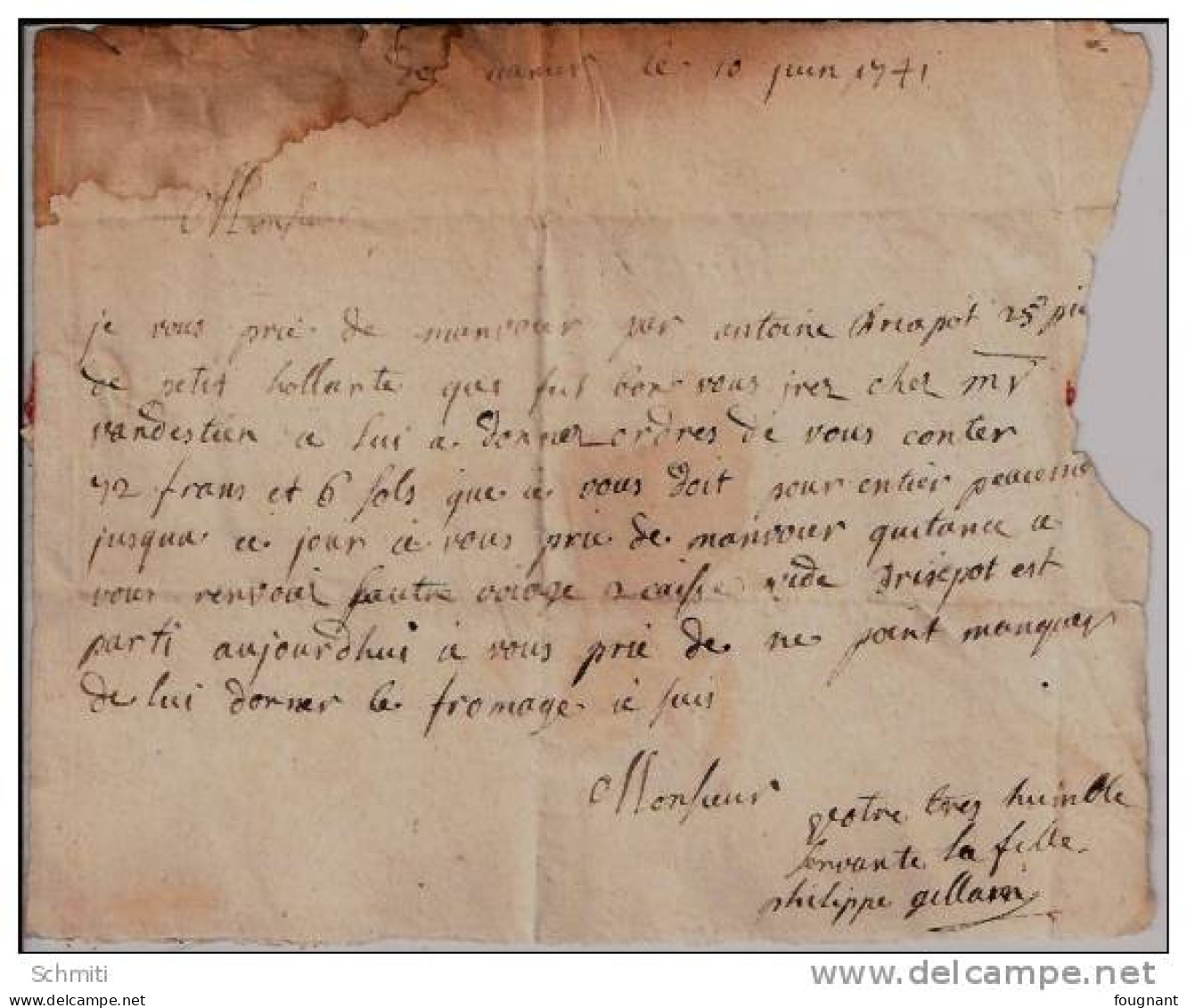 NAMUR Le 10 Juin 1741,,griffe De Namur Vers Bruxelles(marchand) +texte (fromage) - 1714-1794 (Paises Bajos Austriacos)
