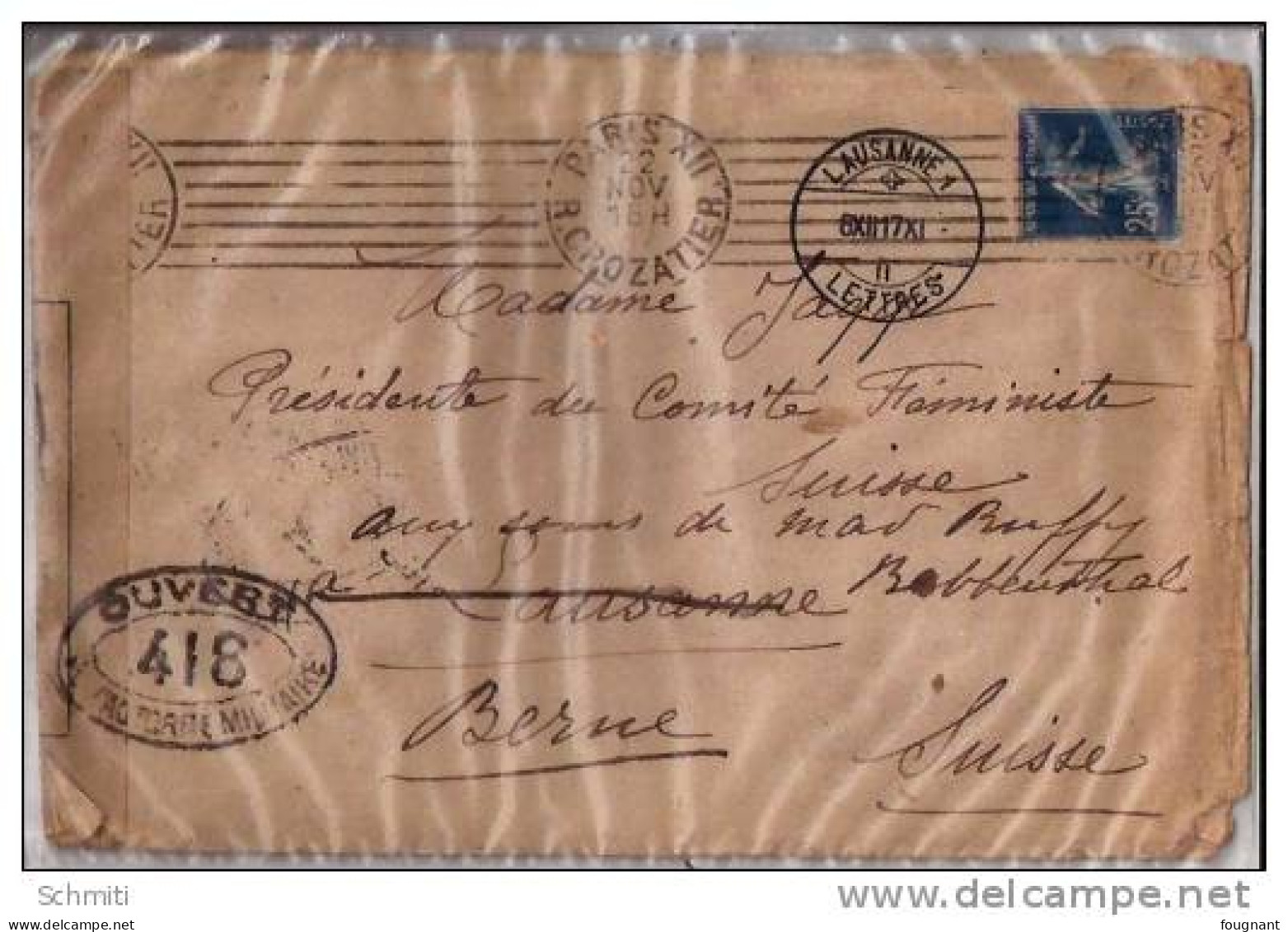 Lettre Censurée: Paris Vers Berne ,cachet Lausanne+ Controle Postal Militaire+Bern 1917- - Postmarks