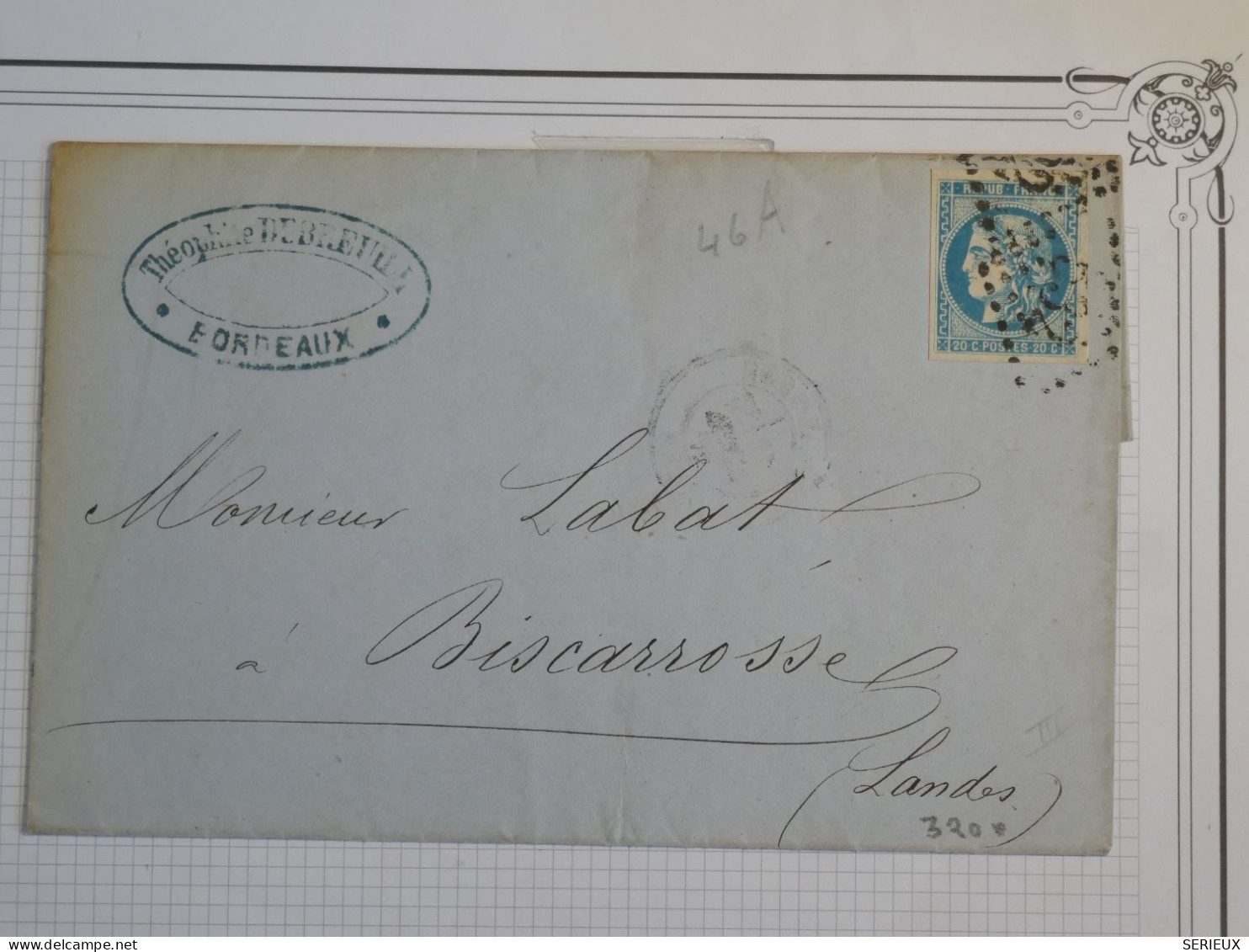 DD1 FRANCE BELLE  LETTRE RR  1871  BORDEAUX A BISCAROSSE  VIA PARENTIS +EMISSION DE BORDEAUX  N°46A  TB  ++ - 1870 Uitgave Van Bordeaux