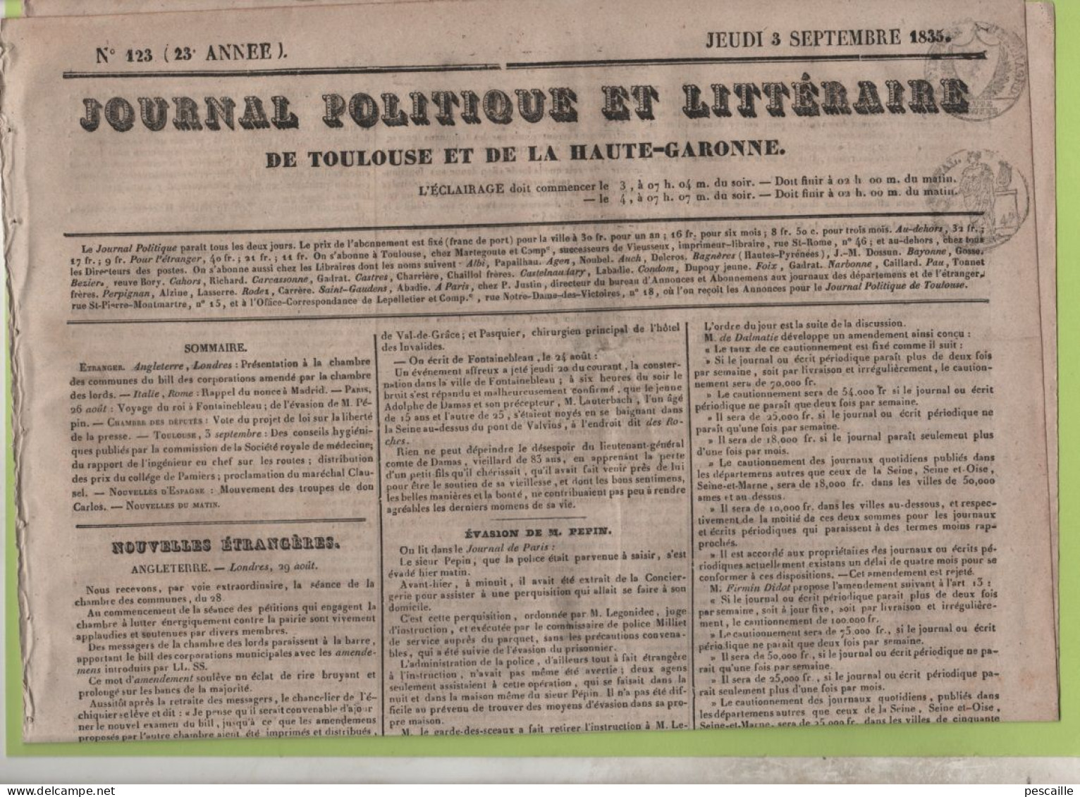 JOURNAL POLITIQUE TOULOUSE 03 09 1835 - LONDRES - EVASION DE PEPIN TTENTAT DE FIESCHI - FIRMIN DIDOT JOURNAUX - PAMIERS - 1800 - 1849