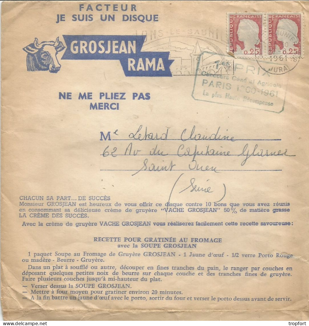 5 DISQUE SOUPLE - PUB PUBLICITE GROSJEAN -RAMA  - 45 TOURS  + Pochette D'envoi Poste 1961 - Formats Spéciaux