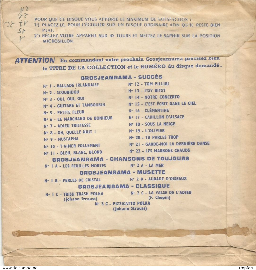 5 DISQUE SOUPLE - PUB PUBLICITE GROSJEAN -RAMA  - 45 TOURS  + Pochette D'envoi Poste 1961 - Special Formats