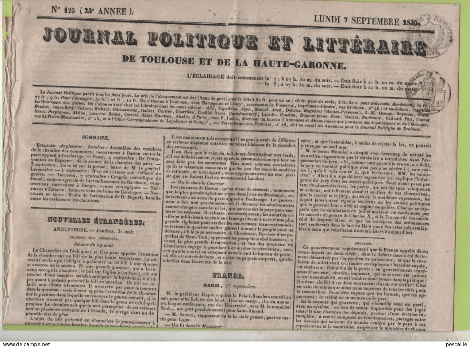 JOURNAL POLITIQUE TOULOUSE 7 09 1835 - LOI SUR LA PRESSE - BOUGIE ALGERIE TRAVAUX - COMICE AGRICOLE BORDEAUX - LOUISIANE - 1800 - 1849