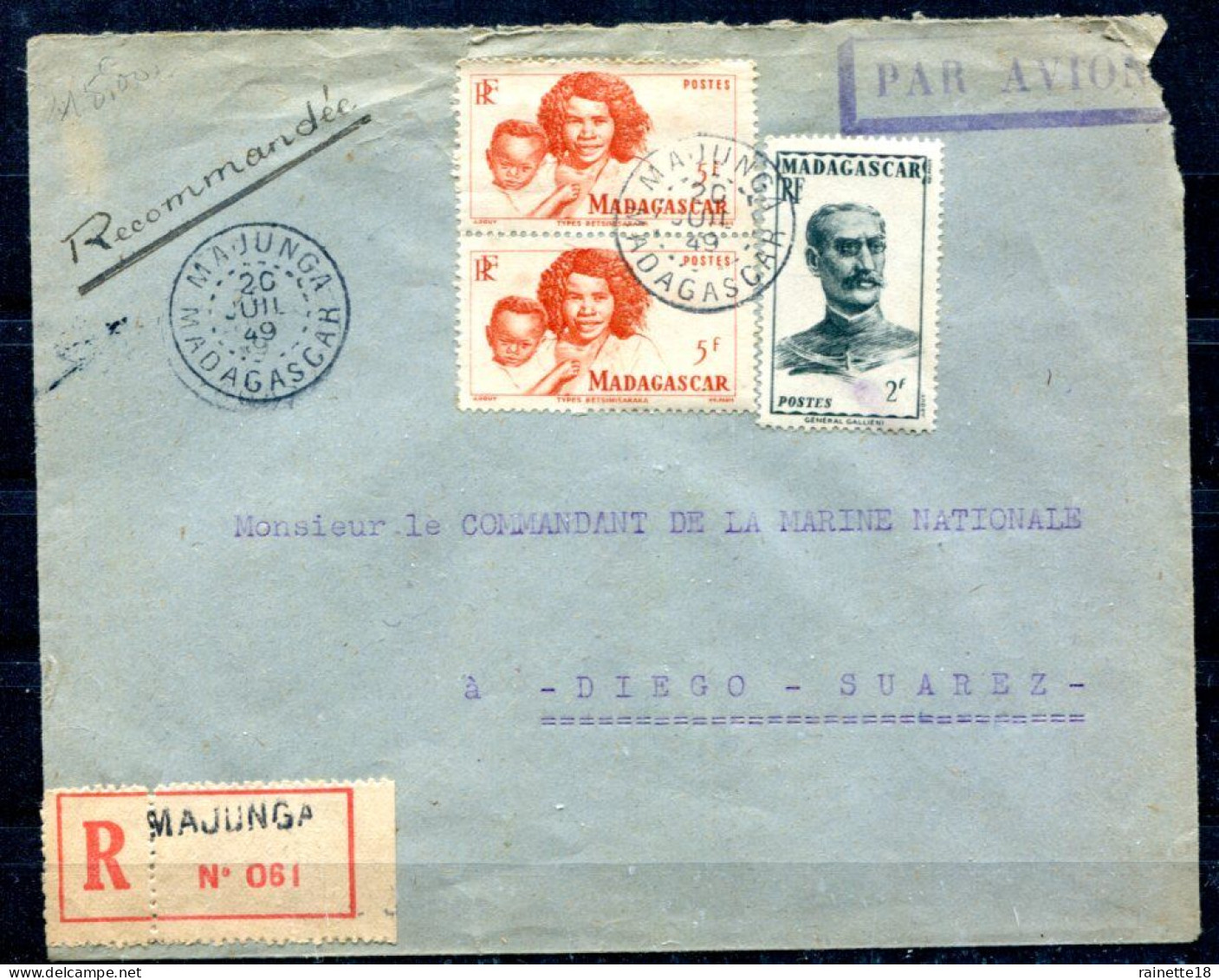 Madagascar    Recommandé De Majunga Du 20 Juillet1949, Arrivée  Le 22 Juillet 1949 à Diego Suarez - Andere & Zonder Classificatie