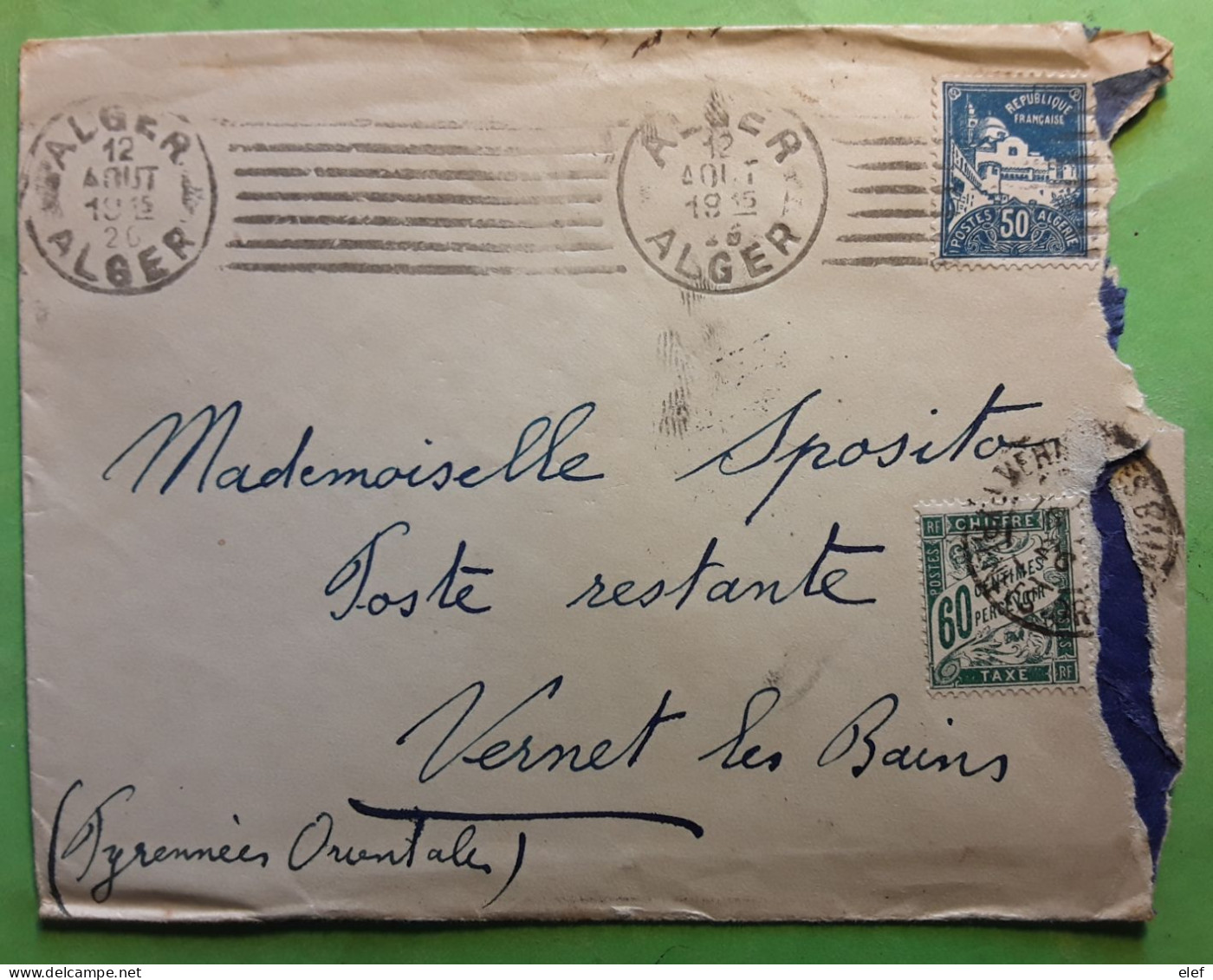 Lettre Flamme Krag ALGER Algérie Type Mosquée No 47, 50 C Bleu , TAXE France 60 C > Poste Restante VERNET LES BAINS 1926 - Postage Due