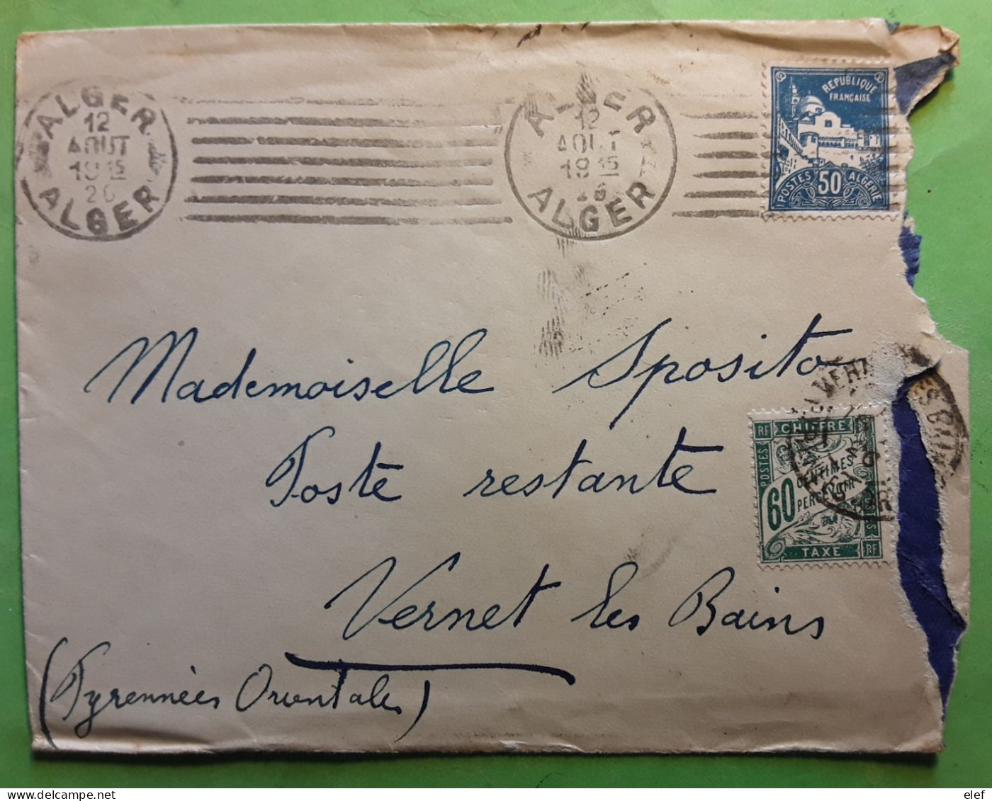 Lettre Flamme Krag ALGER Algérie Type Mosquée No 47, 50 C Bleu , TAXE France 60 C > Poste Restante VERNET LES BAINS 1926 - Strafport