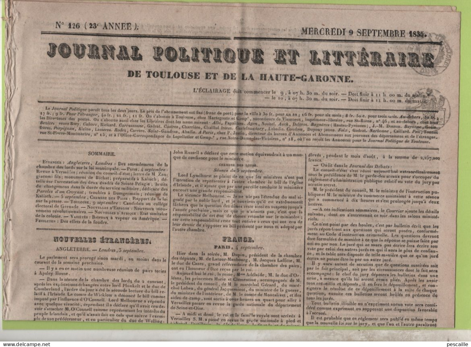 JOURNAL POLITIQUE TOULOUSE 09 09 1835 - LA FOUDRE - LONS LE SAULNIER - KALISCH - DOMGERMAIN - BATEAUX A VAPEUR  AMERIQUE - 1800 - 1849