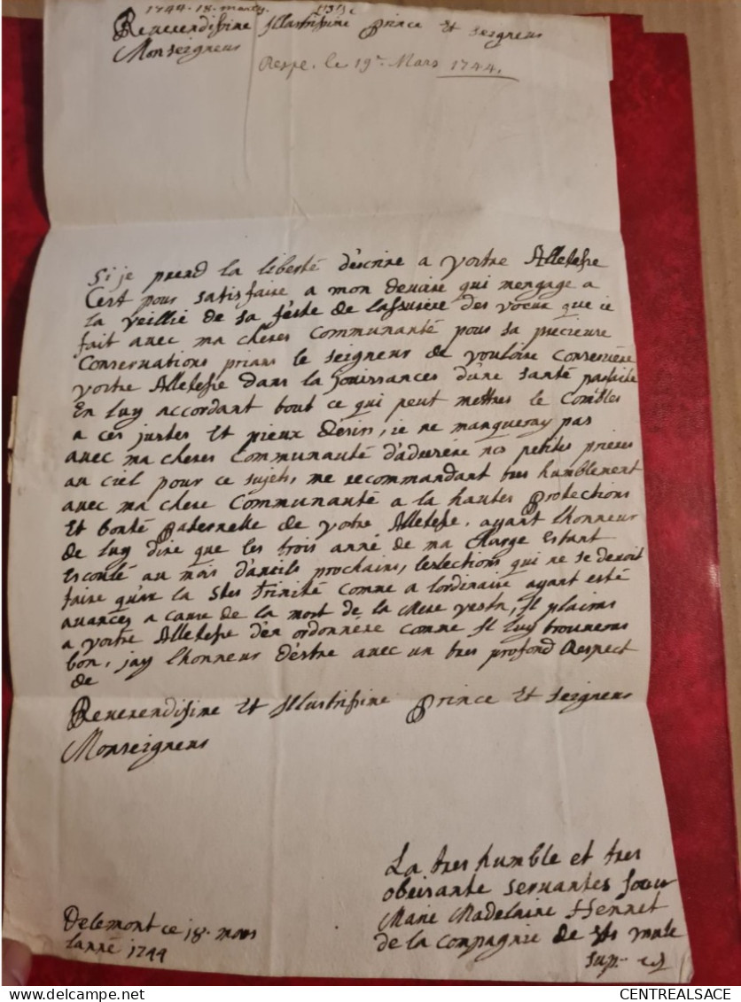 LETTRE DE DELEMONT 1744 POUR L'évêque De BASLE BALE A PORRENTRUY - ...-1845 Prefilatelia