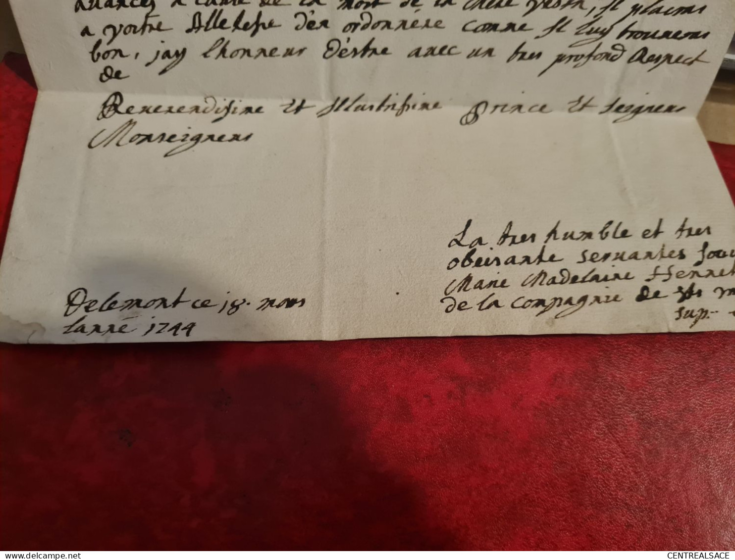 LETTRE DE DELEMONT 1744 POUR L'évêque De BASLE BALE A PORRENTRUY - ...-1845 Prefilatelia