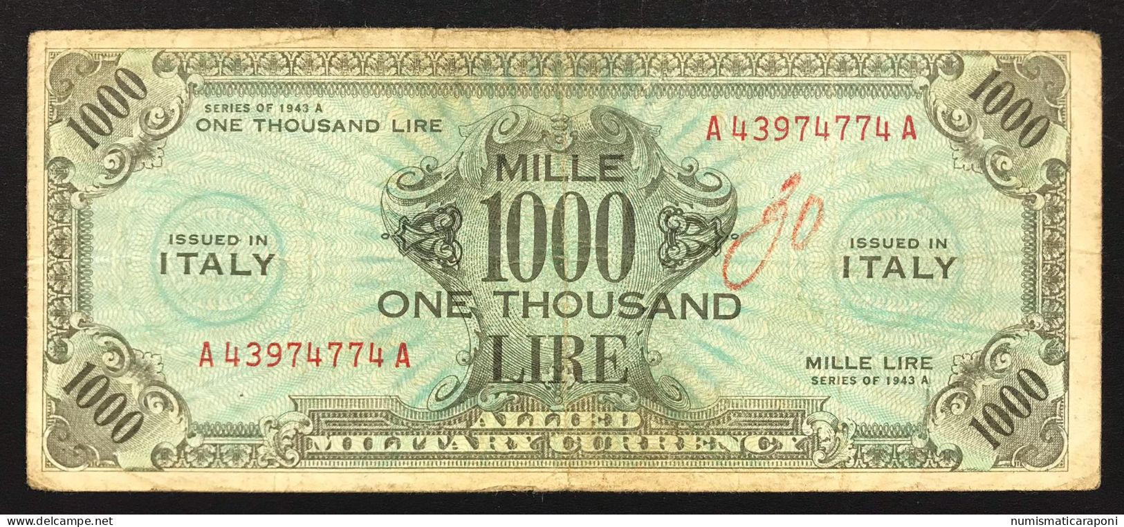 1000 AM LIRE SERIE BILINGUE A....A 1943 RARO Mb LOTTO 4795 - 2. WK - Alliierte Besatzung