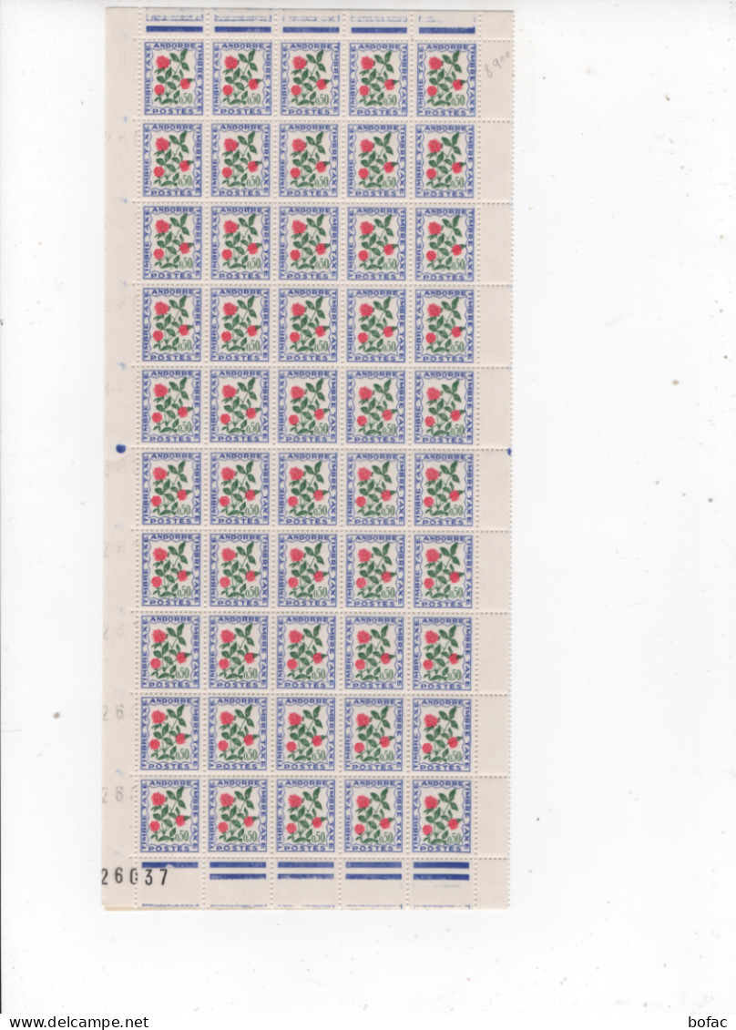 T52 YT **  Feuille 100 Timbres Taxes * Faciales 0.50    Andorre Français 2 Scans   73/8 - Ungebraucht