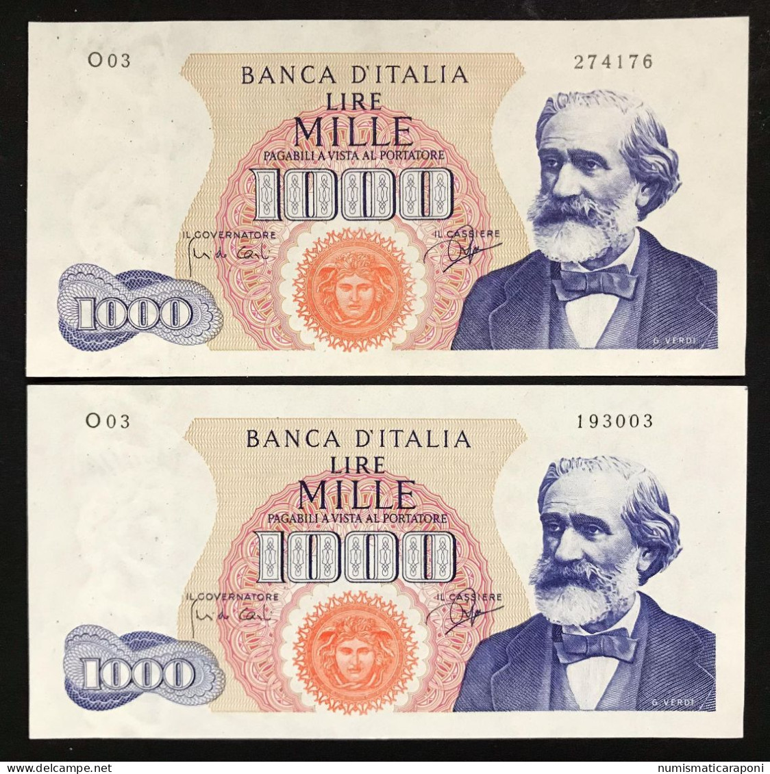 1000 LIRE VERDI I° TIPO 14 07 1962 2 Es. Sup/Q.FDS + Q.spl LOTTO 4796 - 1000 Lire