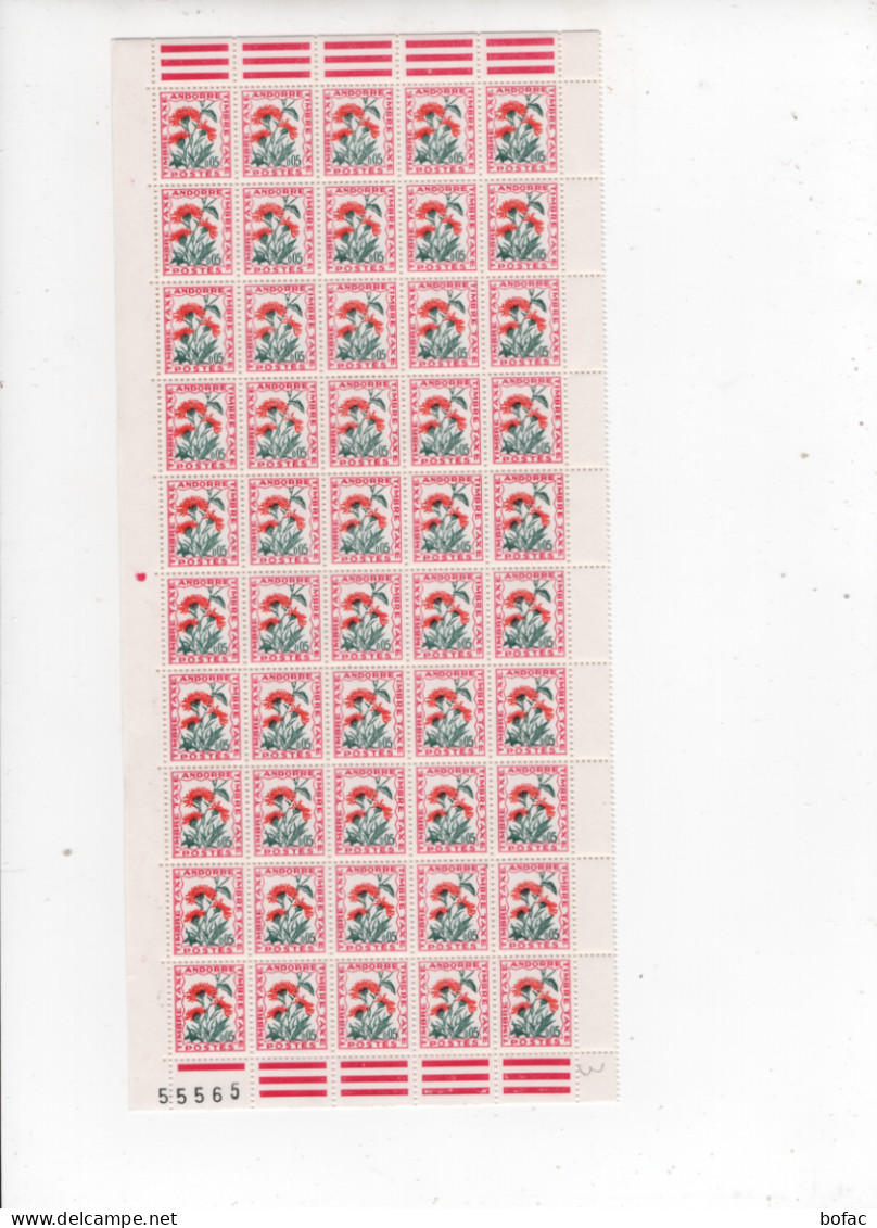 T46 YT **  Feuille 100 Timbres Taxes * Faciales 0.05    Andorre Français 2 Scans    73/36 - Unused Stamps