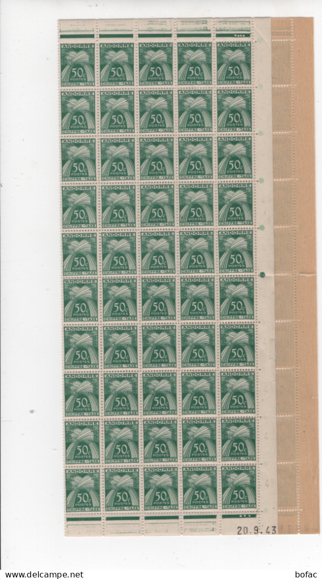 T23 YT **  Feuille 100 Chiffre  Taxe * Faciales  50 C    Andorre Français 2 Scans  73/34 - Unused Stamps