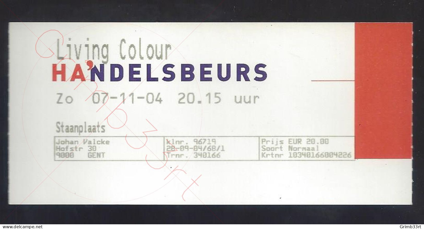 Living Colour - 7 November 2004 - Handelsbeurs (BE) - Concert Ticket - Tickets De Concerts