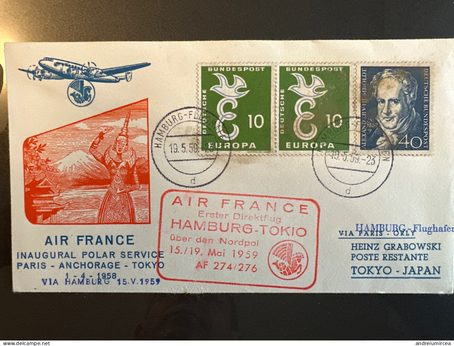 1959 Erster Direktflug Hamburg Tokyo Uber Den Nordpol - Storia Postale