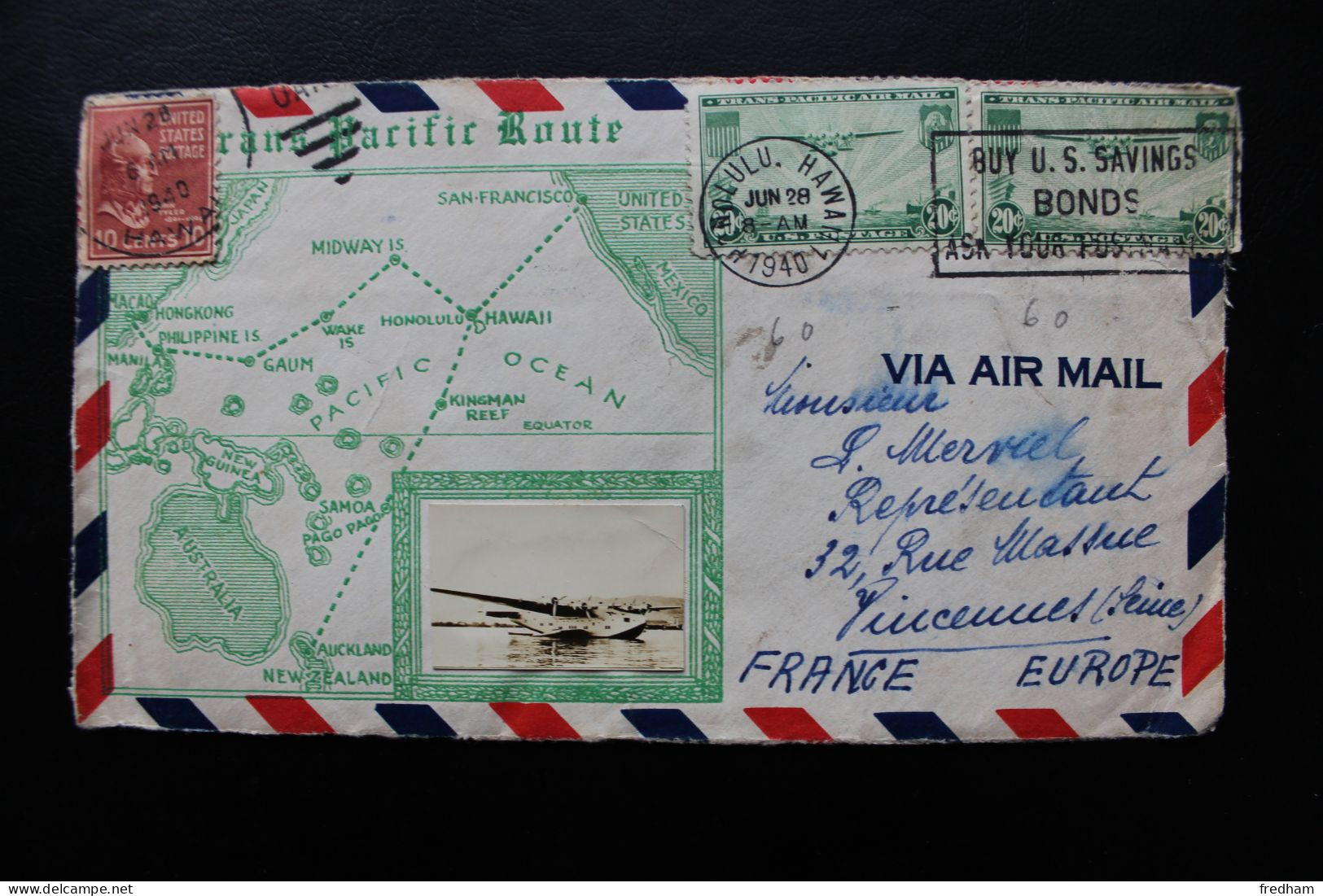 1940 DEVANT DE LETTRE TRANS PACIFIC ROUTE OMEC HONOLULU HAWAI 28/06/1940 Y&T NO Y&T US 380 ET  US PA 22 - 1a. 1918-1940 Used