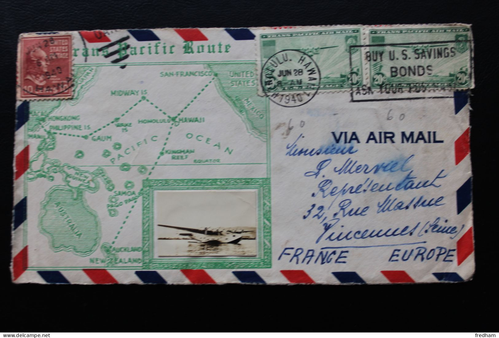 1940 DEVANT DE LETTRE TRANS PACIFIC ROUTE OMEC HONOLULU HAWAI 28/06/1940 Y&T NO Y&T US 380 ET  US PA 22 - 1a. 1918-1940 Used