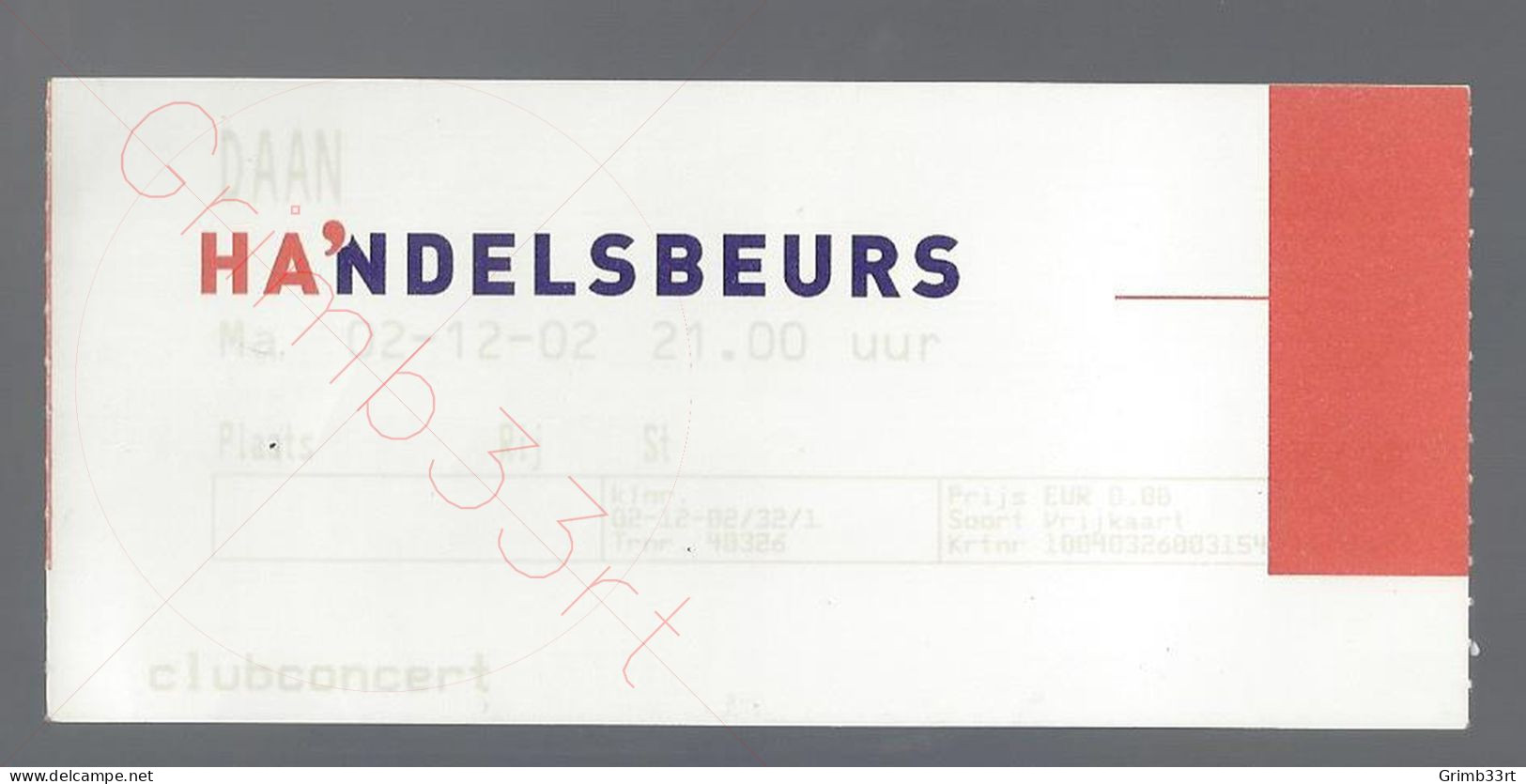 Daan - 2 December 2002 - Handelsbeurs (BE) - Concert Ticket - Konzertkarten