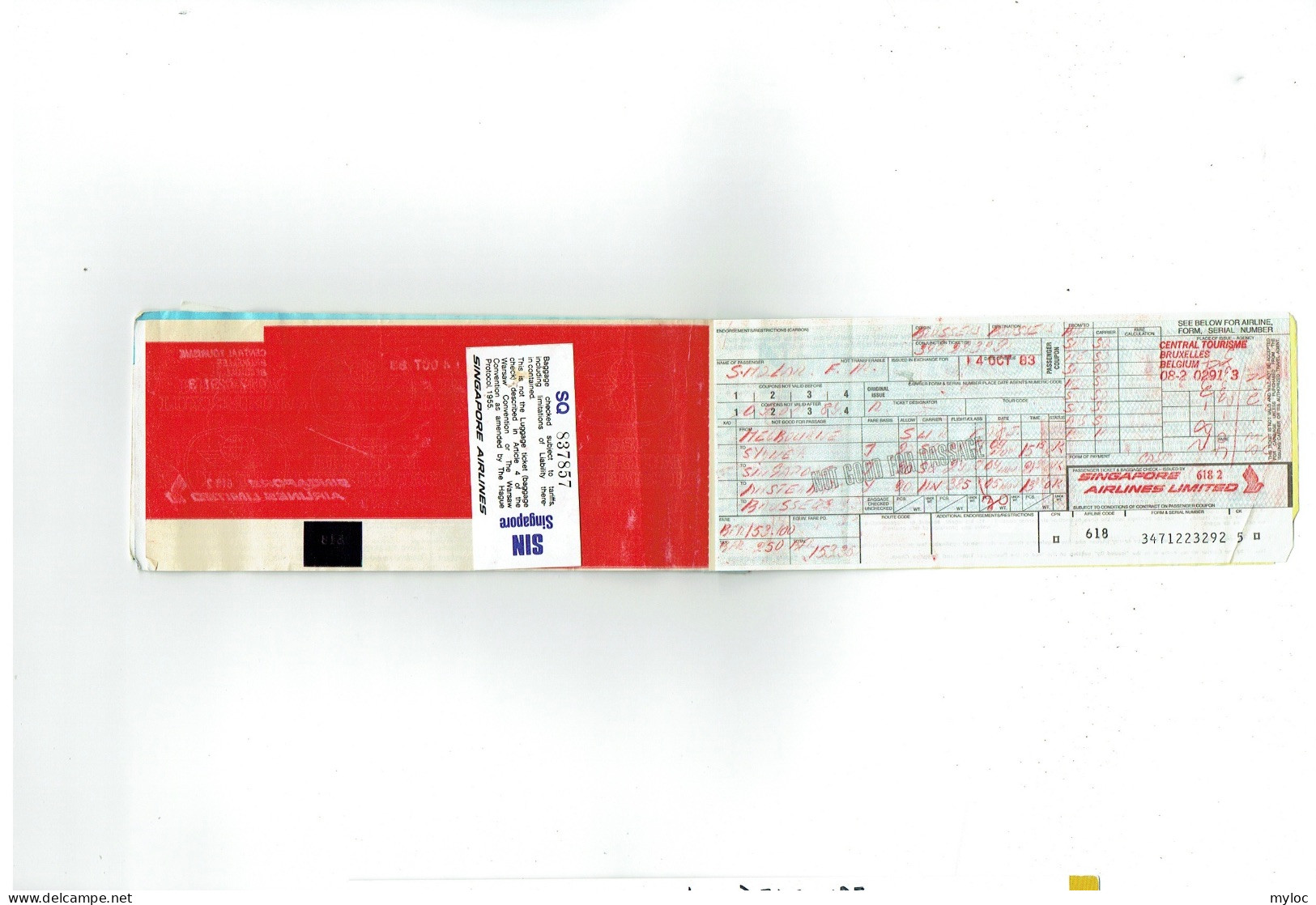 Ticket/Billet Avion. IATA, SINGAPORE AIRLINES. Brussels/Singapore/Taipe/Singapore/Melbourne 1983 + 4 Boarding Pass - Wereld