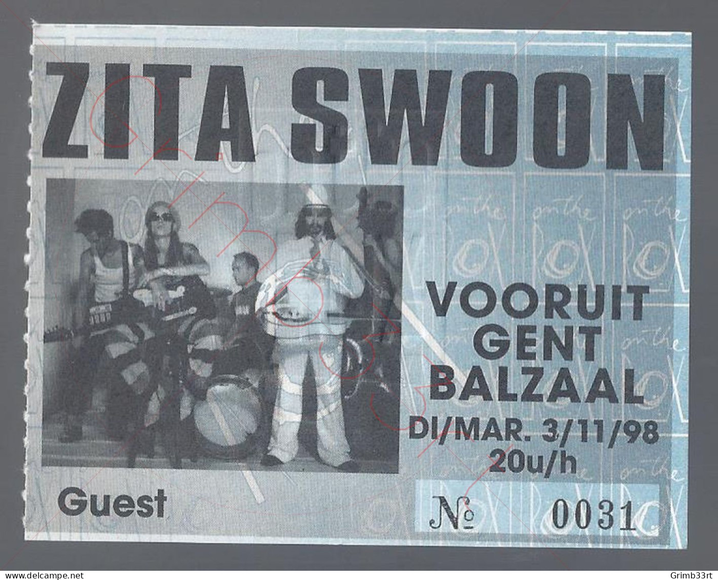 Zita Swoon - 3 November 1998 - Vooruit Gent (BE) - Concert Ticket - Konzertkarten