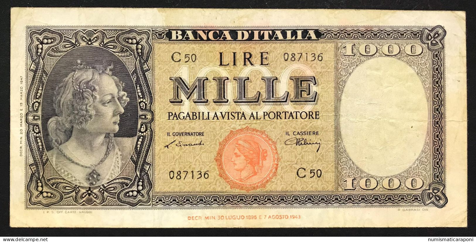 1000 LIRE ITALIA 20 03 1947 TESTINA Naturale MB/BB  RARA LOTTO 4803 - 1000 Lire