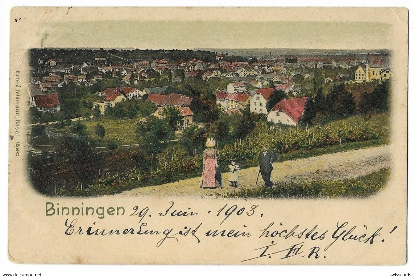 BINNINGEN: Colorierte Teilansicht Mit Posierender Familie 1903 - Binningen