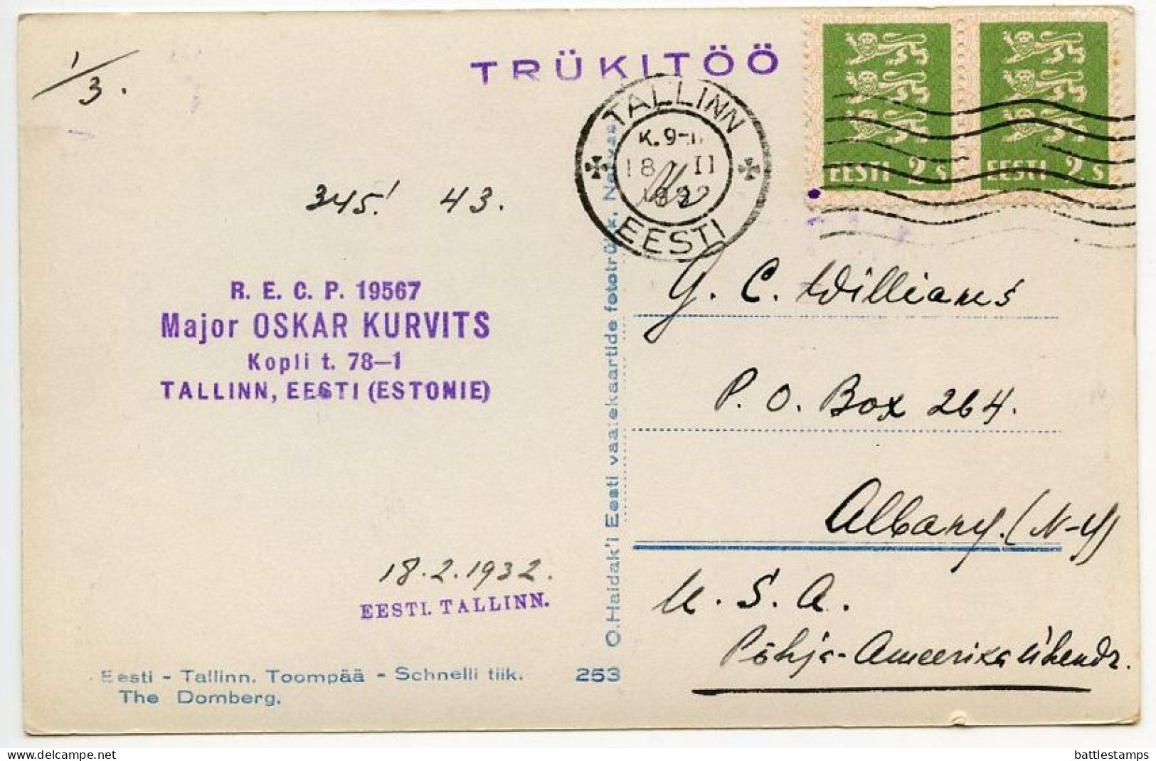 Estonia 1932 RPPC Postcard Tallinn - Toompää - Schnelli Tiik / The Domberg; Scott 91 - 2s. Arms, Pair - Estonie