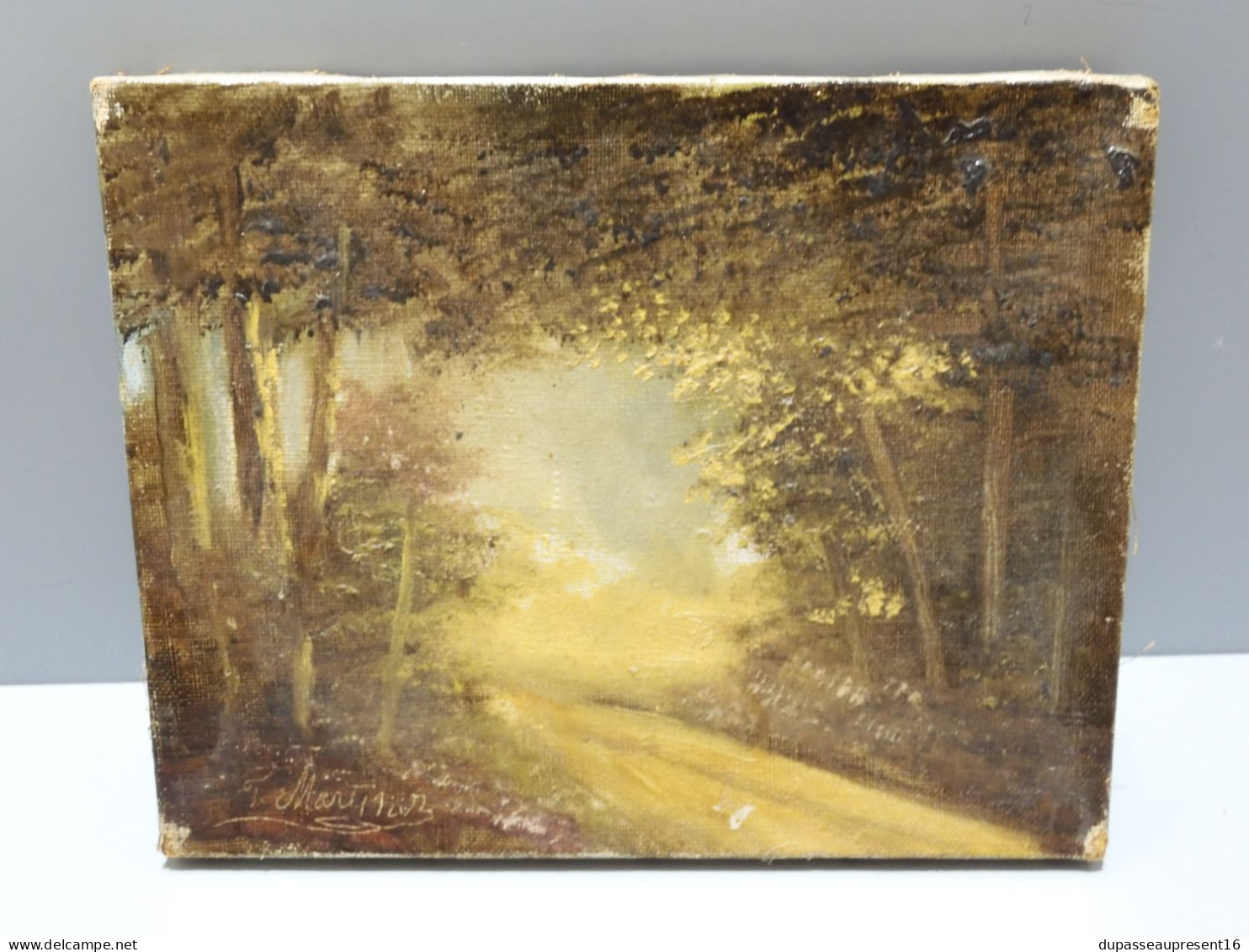 -ANCIEN TABLEAU HUILE SUR TOILE HST signée F MARTINEZ SOUS BOIS COUCHER SOLEIL   E