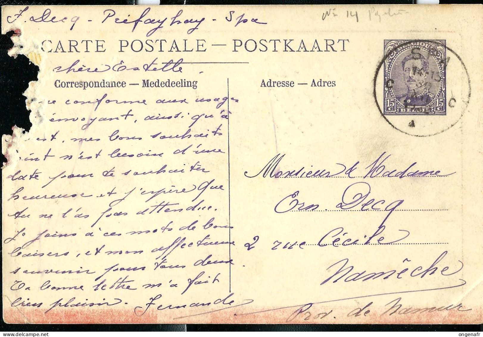 Carte N° 14.a. Obl. SPA 30/12/.. - Schiffspost