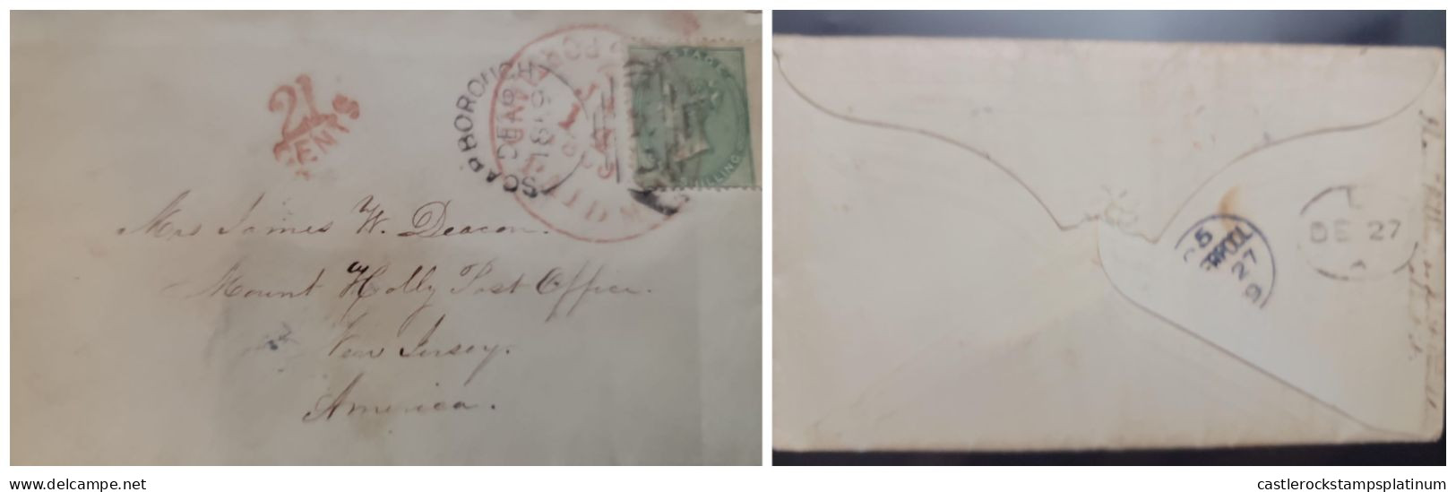 O)  1860 ENGLAND - SCARBOROUGH, QUEEN VITORIA 1sh Green, 21 CENTS PAID, CIRCULATED COVER TO NEW JERSEY. XF - Brieven En Documenten