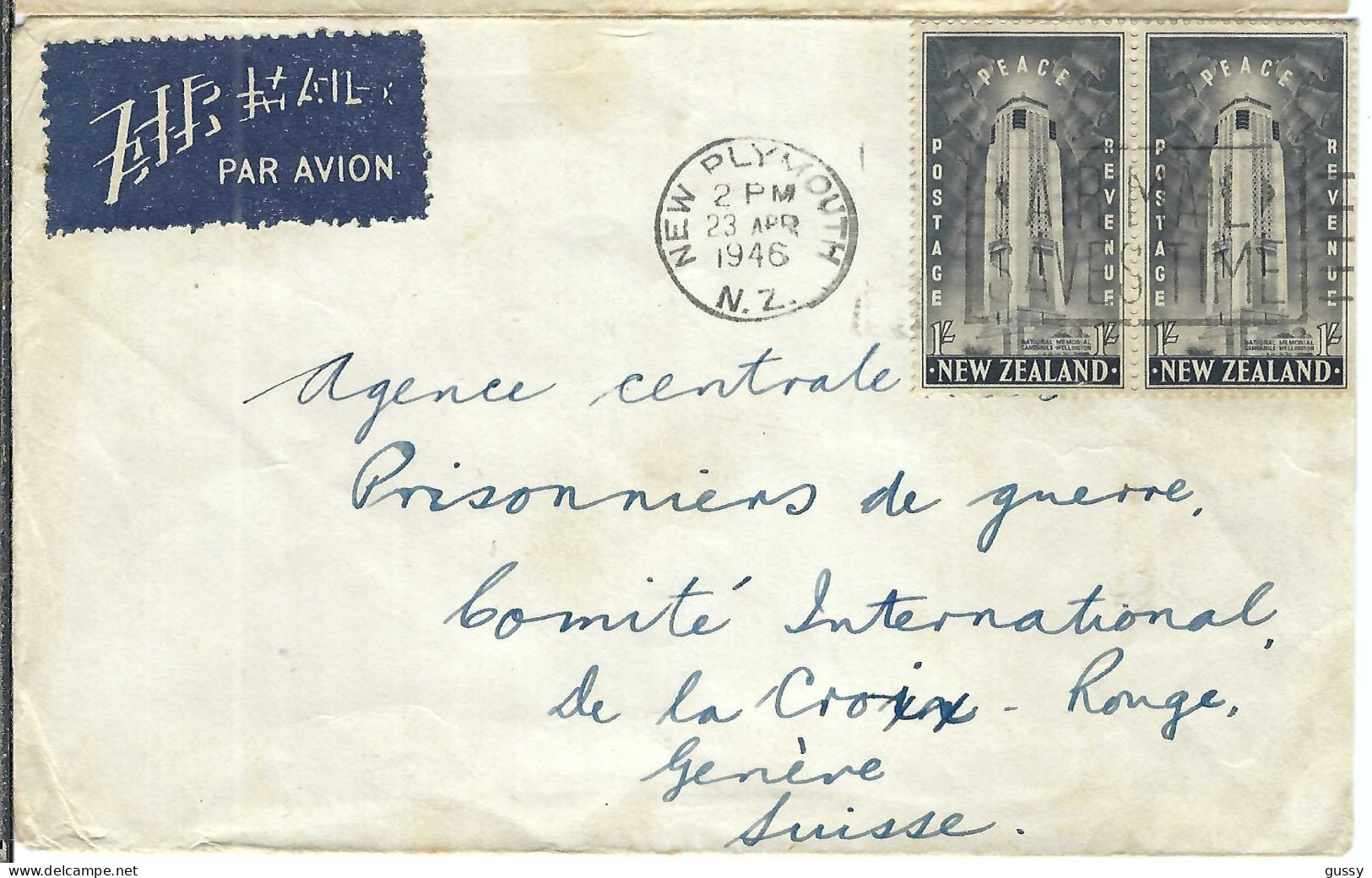 NOUVELLE ZELANDE  P.A. Ca. 1946:  LSC  De New Plymouth Pour La Croix-Rouge à Genève, Agence Des Prisonniers De Guerre - Covers & Documents