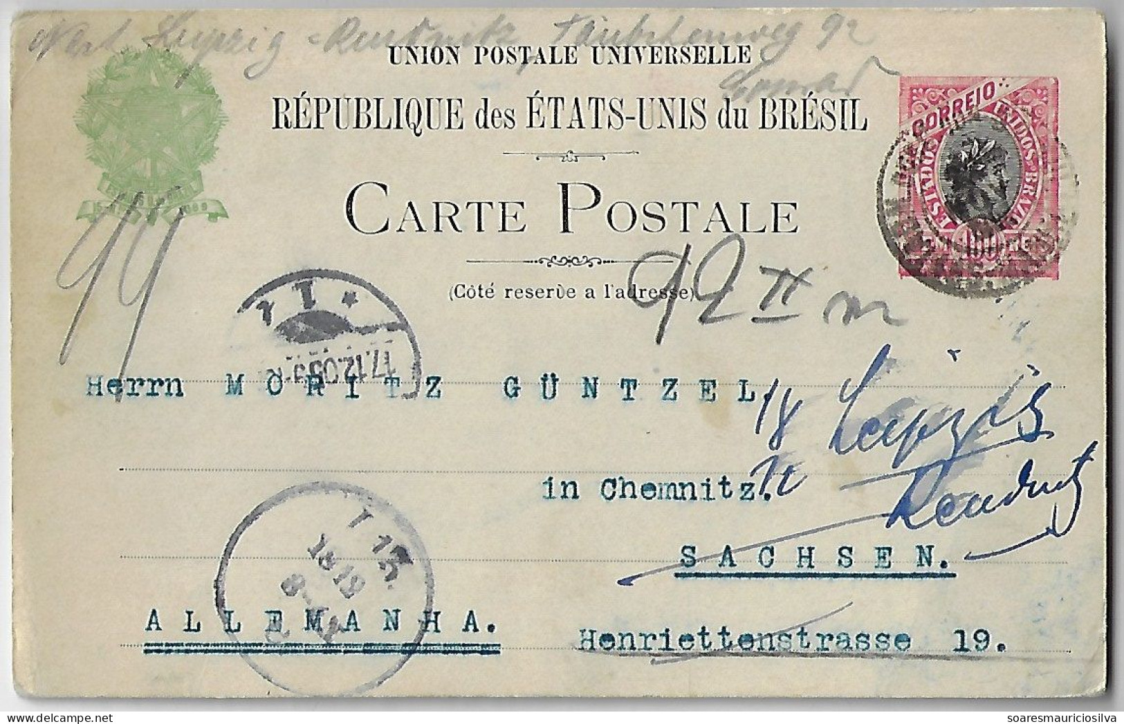 Brazil 1905 Postal Stationery Card RHM-BP-57 From Porto Alegre To Chemnitz Germany re-addressed Leipzig catalog US$50 - Entiers Postaux