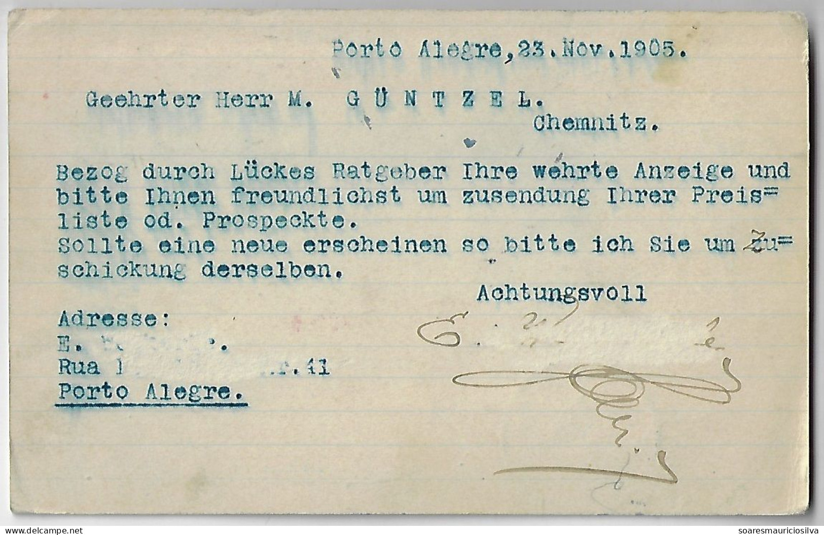 Brazil 1905 Postal Stationery Card RHM-BP-57 From Porto Alegre To Chemnitz Germany re-addressed Leipzig catalog US$50 - Entiers Postaux