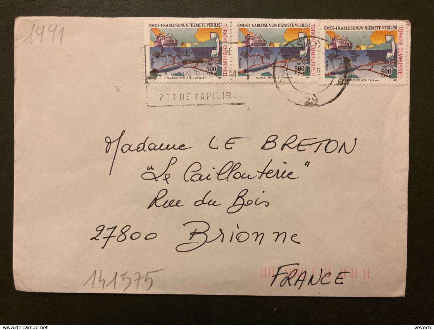 LETTRE Pour La FRANCE TP TELEPHONE BATEAU 500 L X3 OBL.MEC.7 8 92 - Storia Postale