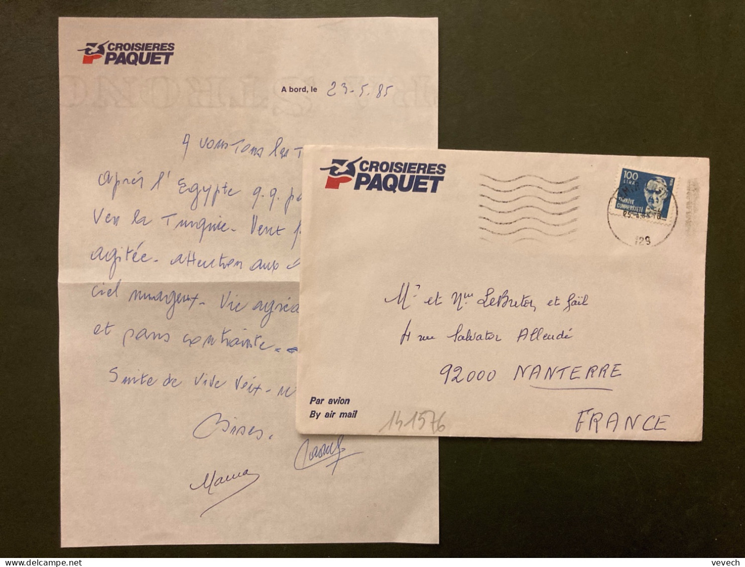 LETTRE CROISIERES PAQUET TP 100 L OBL.MEC.25 4 85 IZMIR POSTA - Cartas & Documentos