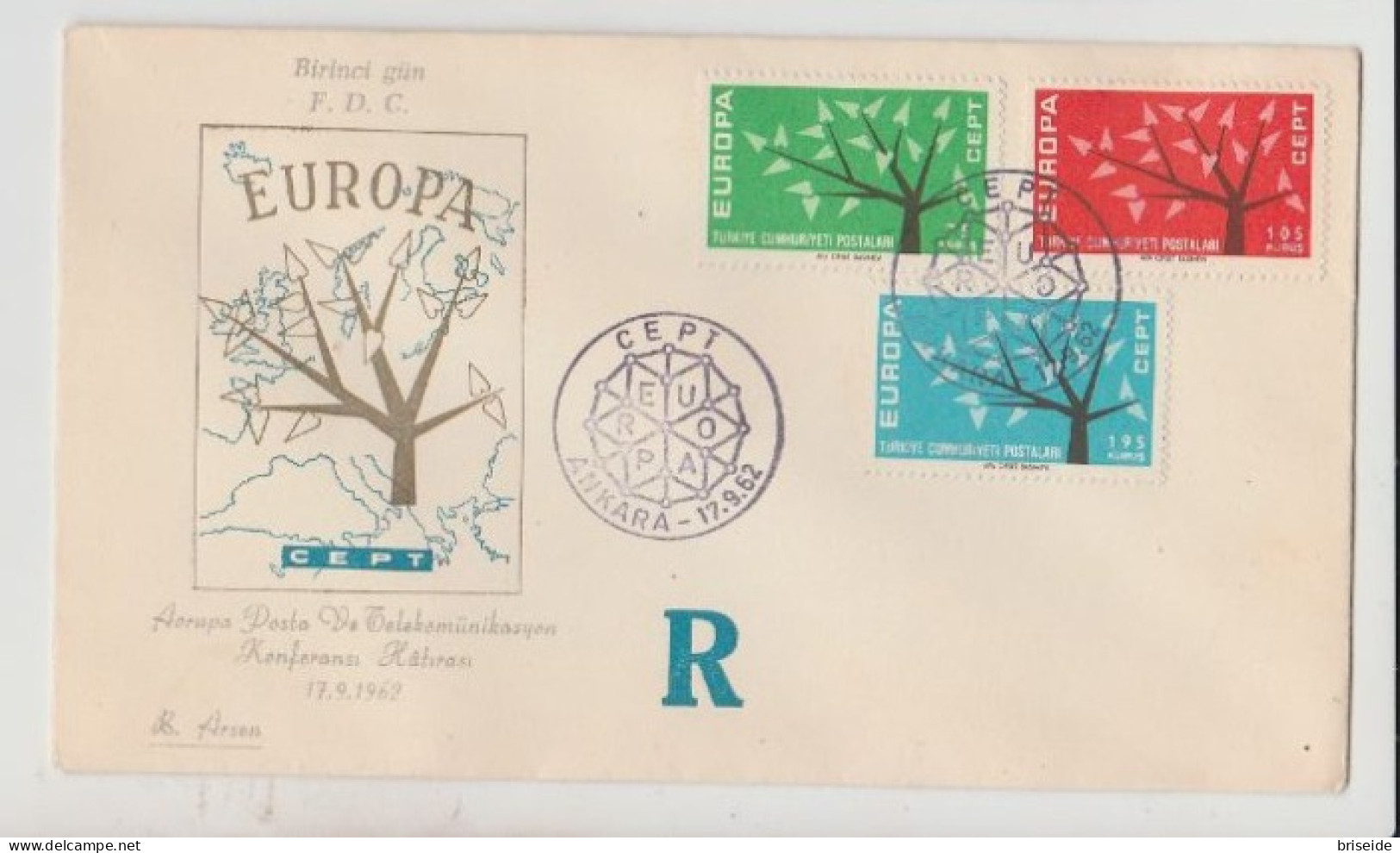 1962 N.1 BUSTA EUROPA CEPT PREMIER JOUR D'EMISSION FIRST DAY COVER ERSTTAGSBRIEF 1°GIORNO EMIS.TURKIYE CUMHURIYETI - 1962