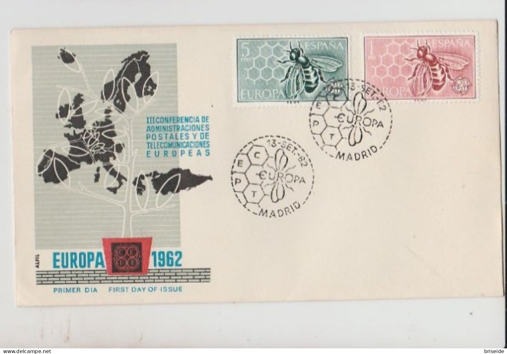 1962 N.1 BUSTA EUROPA CEPT PREMIER JOUR D'EMISSION FIRST DAY COVER ERSTTAGSBRIEF 1°GIORNO EMIS. ESPANA SPAGNA - 1962