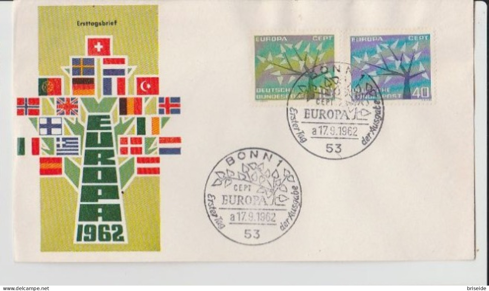 1962 N.1 BUSTA EUROPA CEPT PREMIER JOUR D'EMISSION FIRST DAY COVER ERSTTAGSBRIEF 1°GIORNO EMIS. DEUTSCHE BUNDESPOST - 1962