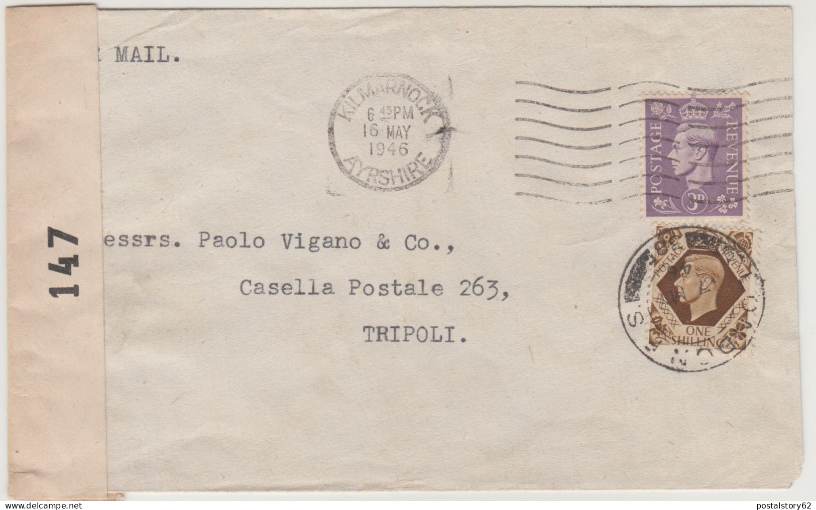 Kilmarnock, Ayrshire. Scozia - Cover To Tripoli  One Shilling + 3 Pence - 16/05/1946 - Scotland