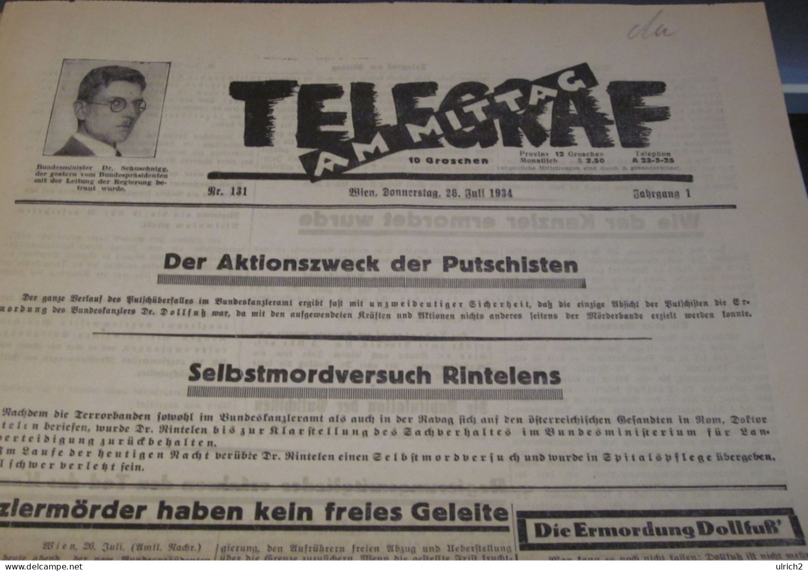 Telegraf Am Mittag - Wien - 26.7.1934 - Dollfuß Schuschnigg Nazi-Putsch (65621) - Sonstige & Ohne Zuordnung