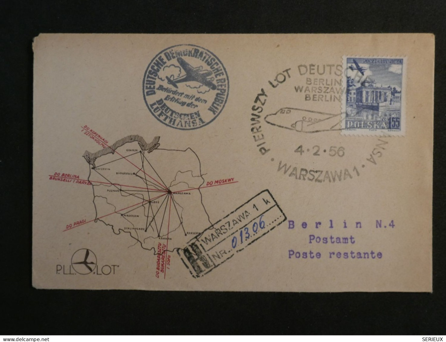 DD2  POLSKA  BELLE  LETTRE AEROPHILATELIE .  1956 WARSAWA  A   BERLIN GERMANY   ++AFF. INTERESSANT+++ - Airplanes