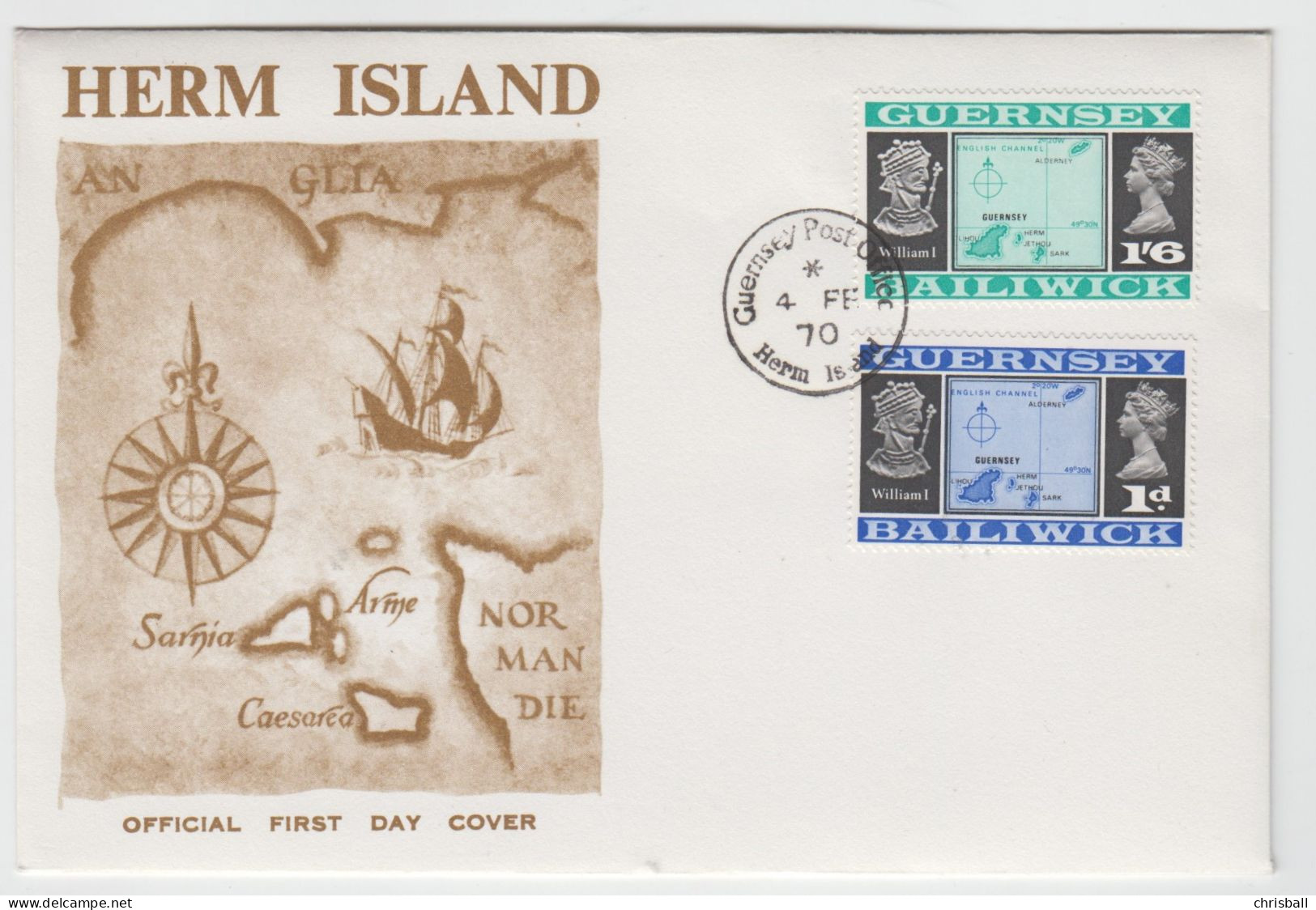 Guernsey 1d & 1/6 Corrected Latitude 49° First Day, 4.FE.70 - Guernesey