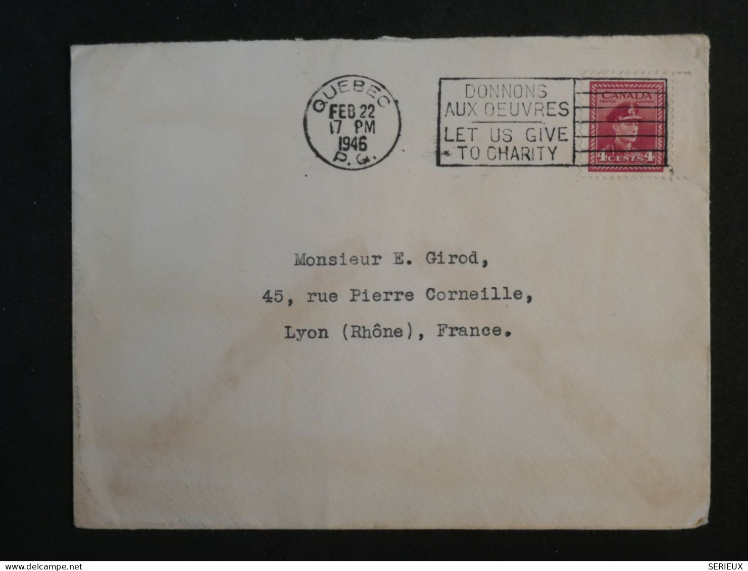 DD2  CANADA   BELLE  LETTRE   1946 QUEBEC A LYON FRANCE    ++AFF. INTERESSANT+++ - Covers & Documents