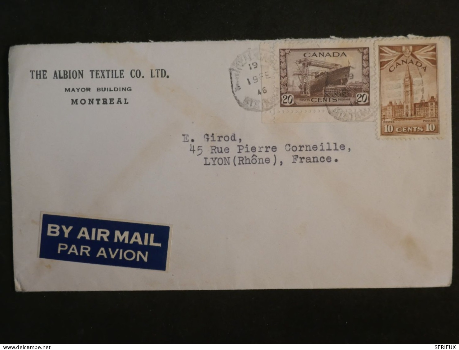 DD2  CANADA   BELLE  LETTRE   1946  A LYON FRANCE    ++AFF. INTERESSANT+++ - Covers & Documents