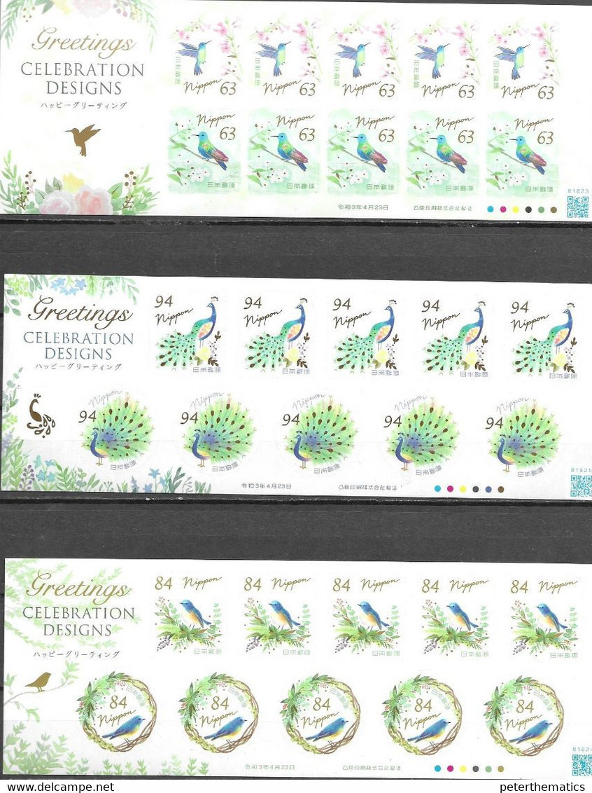 JAPAN, 2021, MNH, GREETINGS CELEBRATION DESIGNS, BIRDS, PEACOCKS,  3 SHEETLETS - Pavos Reales