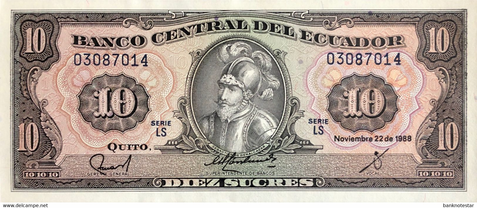 Ecuador 10 Sucres, P-121 (22.11.1988) - UNC - Serie LS - Signature Version - Equateur