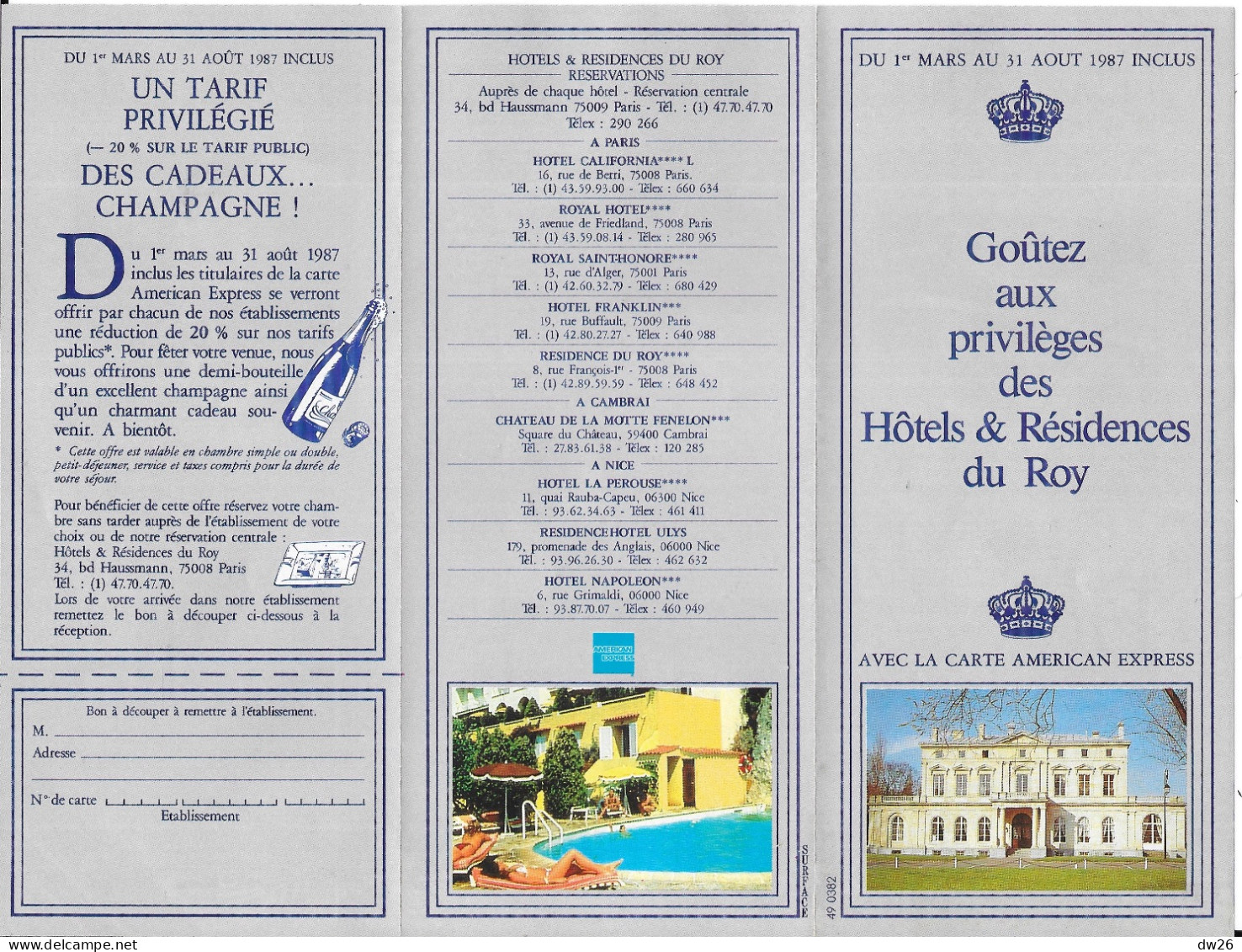 Dépliant Touristique: Goûtez Aux Privilèges Des Hotels & Résidences Du Roy 1987 (Carte American Express) - Dépliants Touristiques
