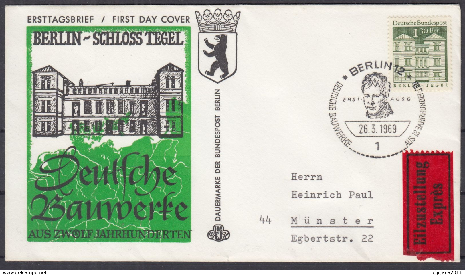 Action !! SALE !! 50 % OFF !! ⁕ Germany BERLIN 1969 ⁕ Mi.284 German Buildings 1.30 DM ⁕ FDC Cover Traveled EXPRES - 1950-1970