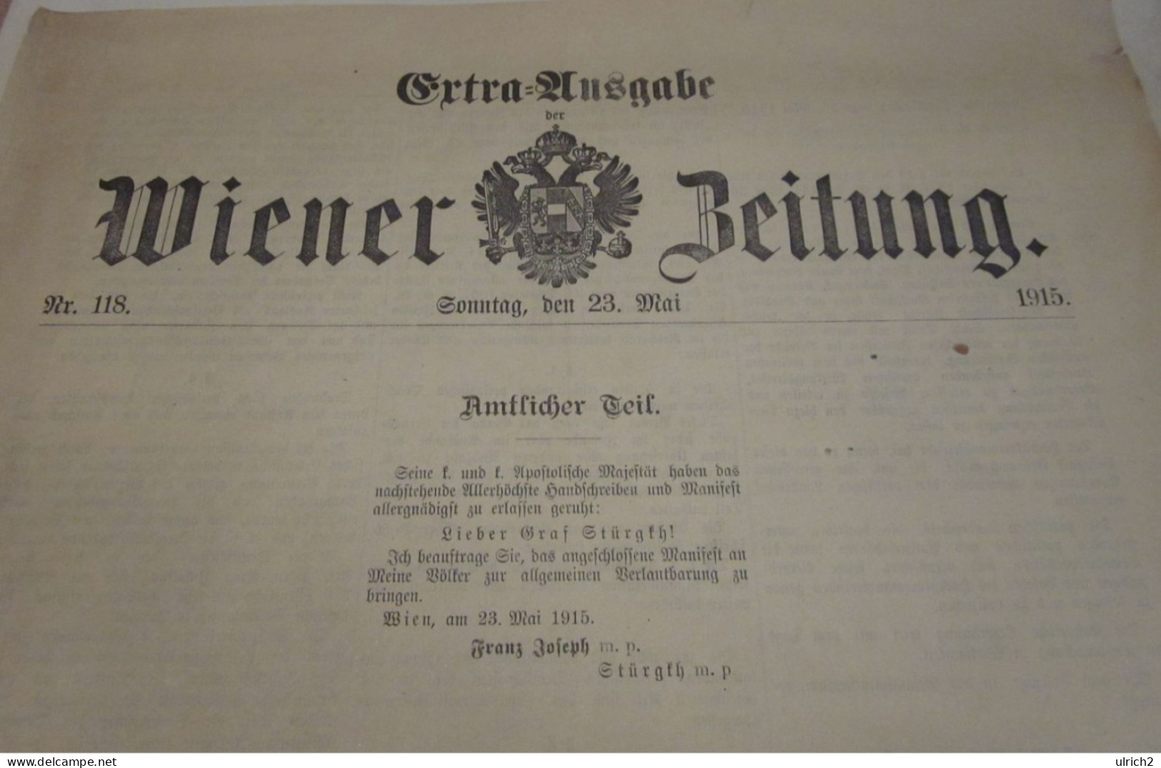 Wiener Zeitung Extra-Ausgabe 23.5.1915 - Kriegserklärung Italiens - Manifest Franz Joseph - 41*29cm (65627) - Deutsch